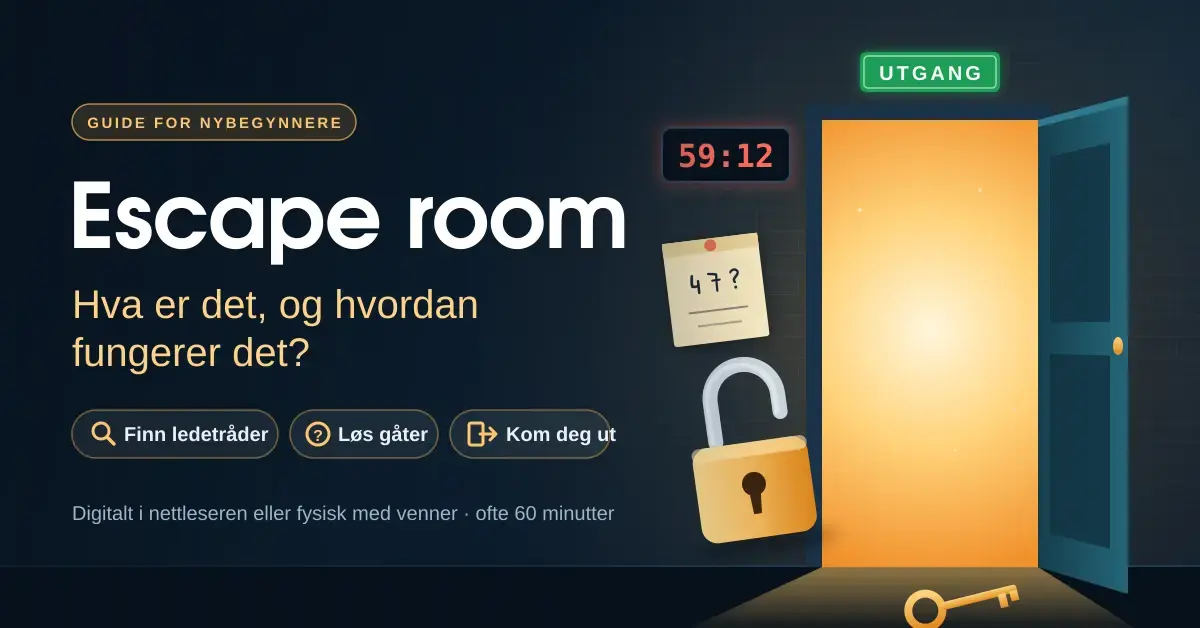 Illustrasjon av et escape room med en åpen dør som slipper inn varmt lys under et grønt utgangsskilt, en åpen hengelås, en nedtellingsklokke, en kodelapp og en nøkkel på gulvet, ved siden av teksten «Escape room – Hva er det, og hvordan fungerer det?».