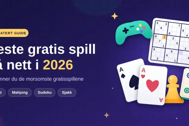Illustrasjon med teksten «Beste gratis spill på nett i 2026» ved siden av en spillkontroller, et sudokubrett, spillkort, en mahjongbrikke, en sjakkbonde og en terning på mørk lilla bakgrunn.