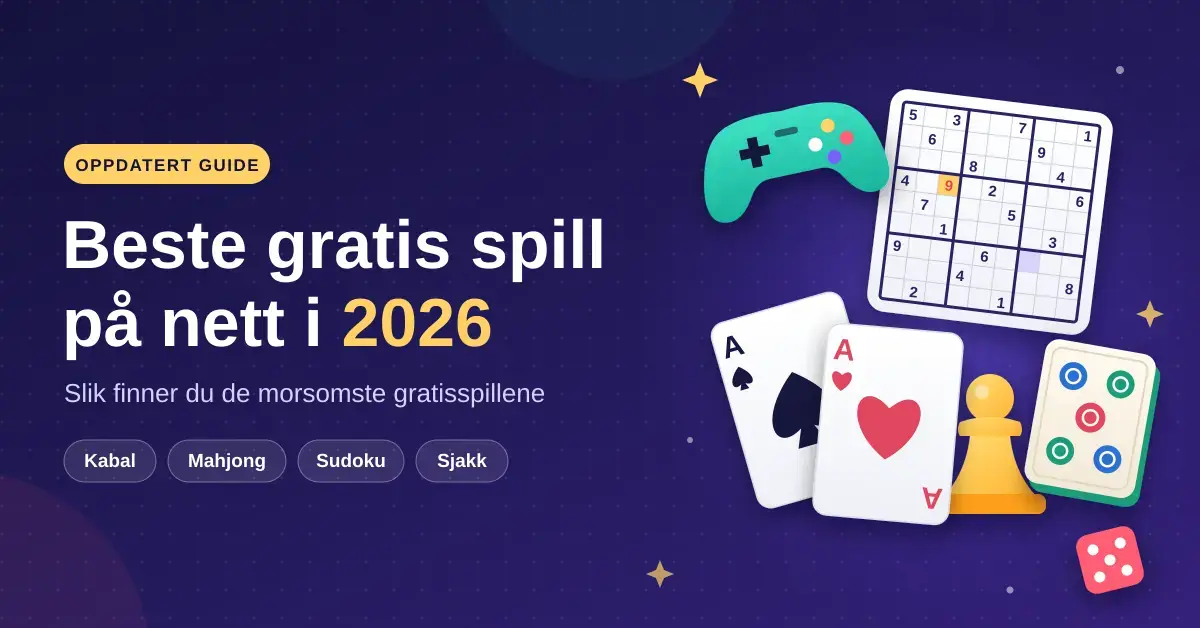 Illustrasjon med teksten «Beste gratis spill på nett i 2026» ved siden av en spillkontroller, et sudokubrett, spillkort, en mahjongbrikke, en sjakkbonde og en terning på mørk lilla bakgrunn.
