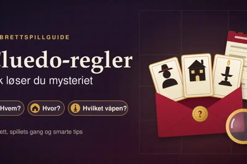 Illustrasjon av en rød konvolutt med tre hemmelige kort som viser en mistenkt, et hus og en lysestake, sammen med en notatblokk og et forstørrelsesglass ved siden av teksten «Cluedo-regler: Slik løser du mysteriet».