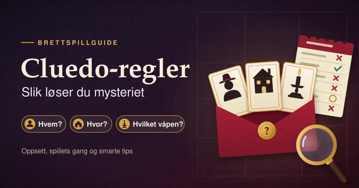 Illustrasjon av en rød konvolutt med tre hemmelige kort som viser en mistenkt, et hus og en lysestake, sammen med en notatblokk og et forstørrelsesglass ved siden av teksten «Cluedo-regler: Slik løser du mysteriet».
