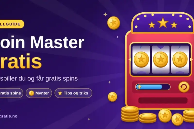 Illustrasjon av en rød spilleautomat med tre gullmynter på hjulene og mynthauger rundt, ved siden av teksten «Coin Master gratis – Slik spiller du og får gratis spins» på lilla bakgrunn.