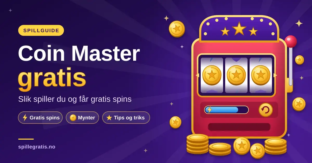 Illustrasjon av en rød spilleautomat med tre gullmynter på hjulene og mynthauger rundt, ved siden av teksten «Coin Master gratis – Slik spiller du og får gratis spins» på lilla bakgrunn.
