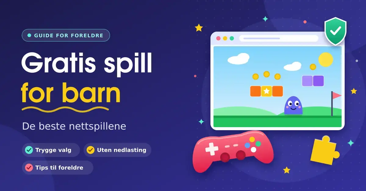 Illustrasjon med teksten «Gratis spill for barn – De beste nettspillene», et nettleservindu med et fargerikt barnespill, en spillkontroll, en puslespillbrikke og et grønt sikkerhetsskjold.