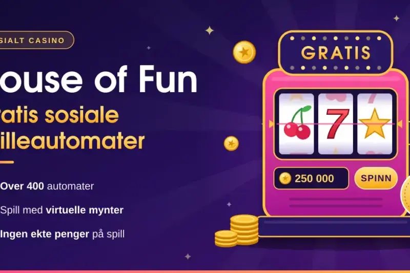 Illustrasjon av en rosa spilleautomat med kirsebær, sjutall og stjerne på hjulene, omgitt av gullmynter, ved siden av teksten «House of Fun – Gratis sosiale spilleautomater» og punktene over 400 automater, virtuelle mynter og ingen ekte penger på spill.