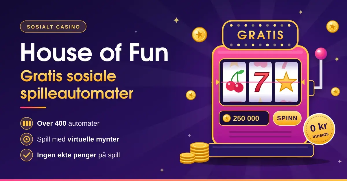 Illustrasjon av en rosa spilleautomat med kirsebær, sjutall og stjerne på hjulene, omgitt av gullmynter, ved siden av teksten «House of Fun – Gratis sosiale spilleautomater» og punktene over 400 automater, virtuelle mynter og ingen ekte penger på spill.