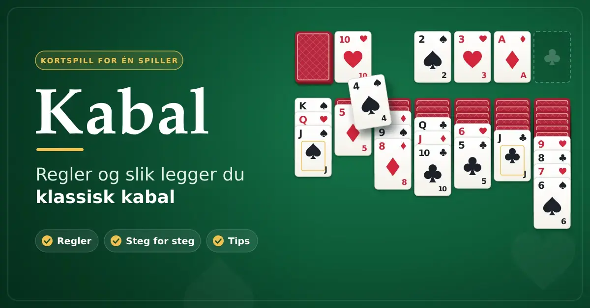 Grønn kortbordsgrafikk med teksten «Kabal – Regler og slik legger du klassisk kabal» ved siden av en utlagt Klondike-kabal med sju kortrekker, der en spar fire flyttes over på en ruter fem.