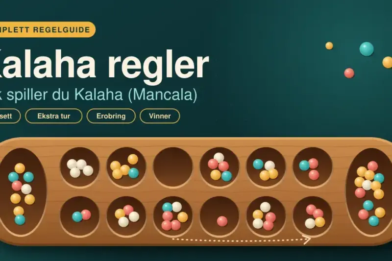 Illustrasjon av et Kalaha-brett i tre med seks groper på hver side og en kalaha i hver ende, fylt med fargerike steiner, under tittelen «Kalaha regler – Slik spiller du Kalaha (Mancala)».
