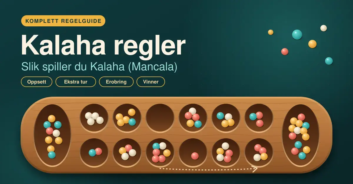 Illustrasjon av et Kalaha-brett i tre med seks groper på hver side og en kalaha i hver ende, fylt med fargerike steiner, under tittelen «Kalaha regler – Slik spiller du Kalaha (Mancala)».
