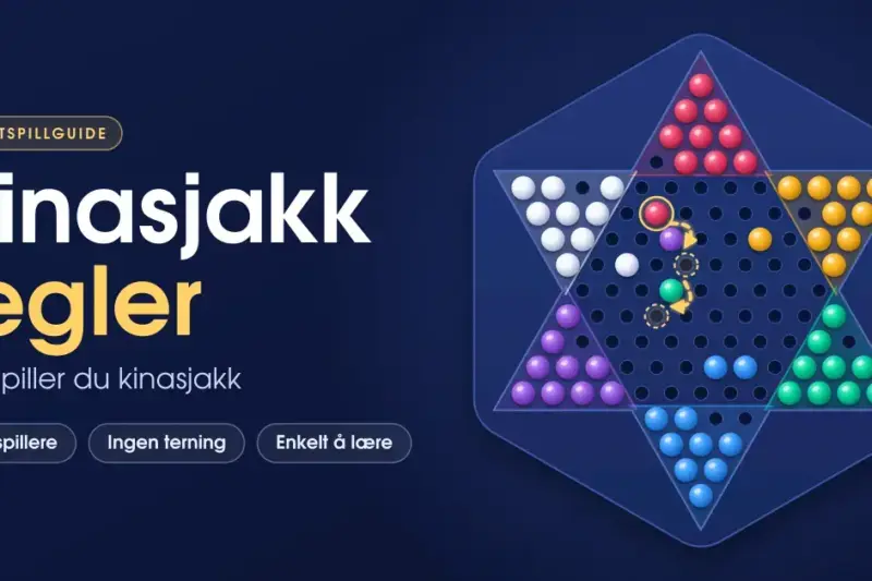 Illustrasjon av et stjerneformet kinasjakkbrett med kuler i seks farger, der en rød kule hopper over to andre kuler, ved siden av teksten «Kinasjakk regler – slik spiller du kinasjakk».