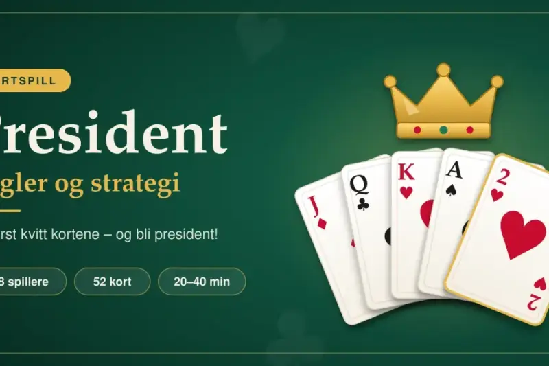 Illustrasjon av en vifte med spillkort fra knekt til toer under en gullkrone på grønn bakgrunn, med teksten «President – regler og strategi» for kortspillet President.