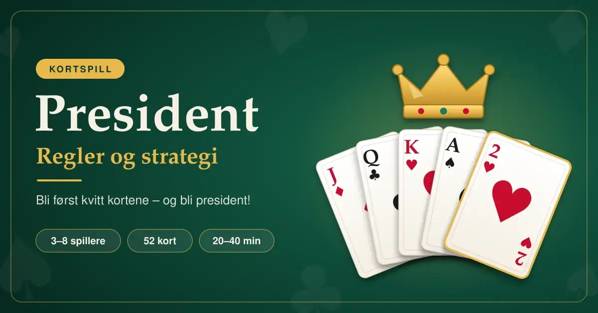 Illustrasjon av en vifte med spillkort fra knekt til toer under en gullkrone på grønn bakgrunn, med teksten «President – regler og strategi» for kortspillet President.