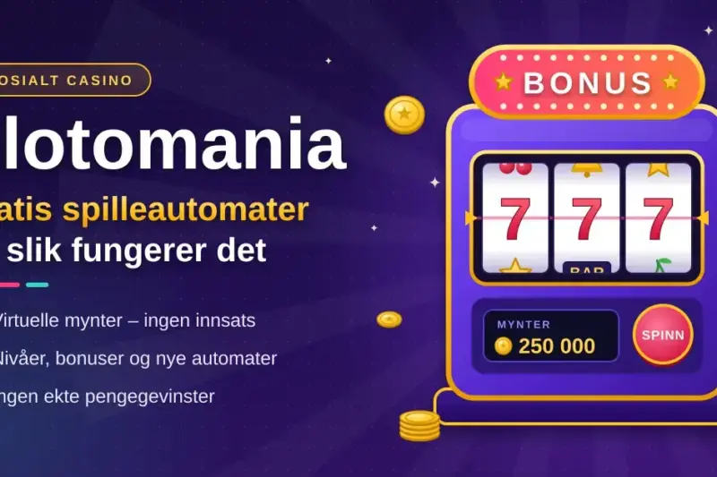 Illustrasjon av en fargerik spilleautomat med tre røde sjuere, gullmynter og teksten «Slotomania – gratis spilleautomater og slik fungerer det» på lilla bakgrunn.