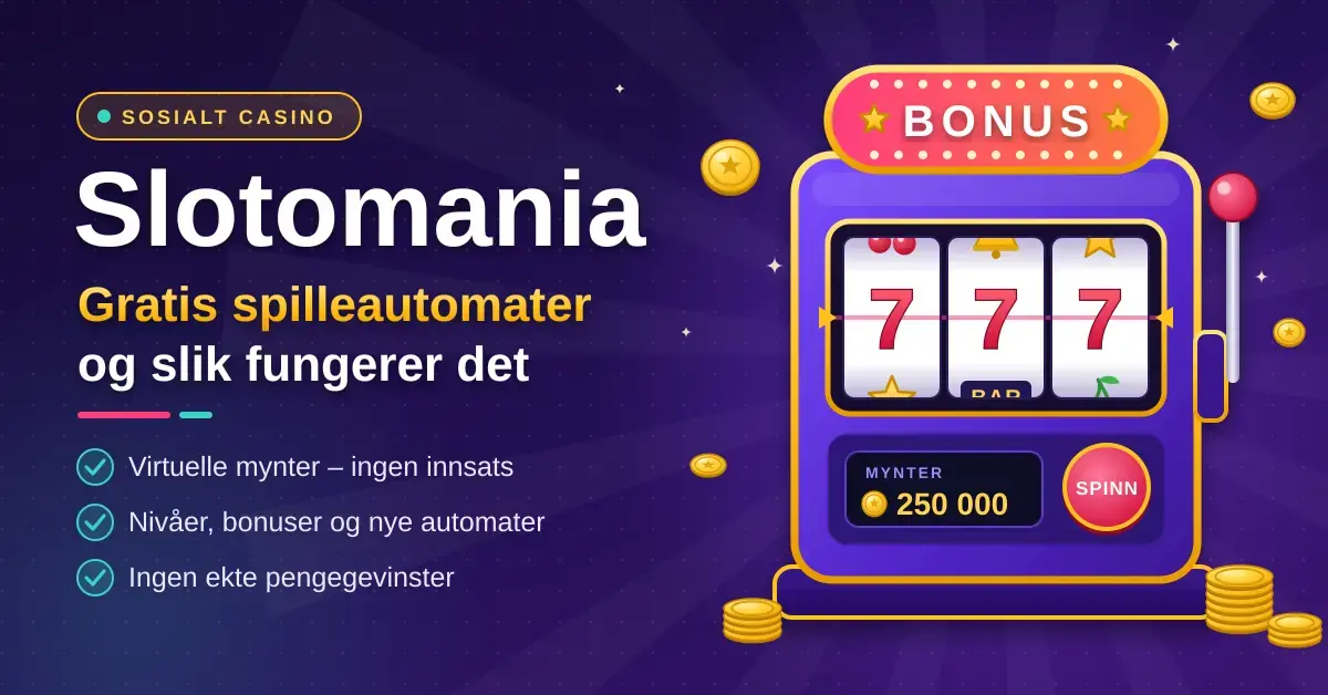 Illustrasjon av en fargerik spilleautomat med tre røde sjuere, gullmynter og teksten «Slotomania – gratis spilleautomater og slik fungerer det» på lilla bakgrunn.