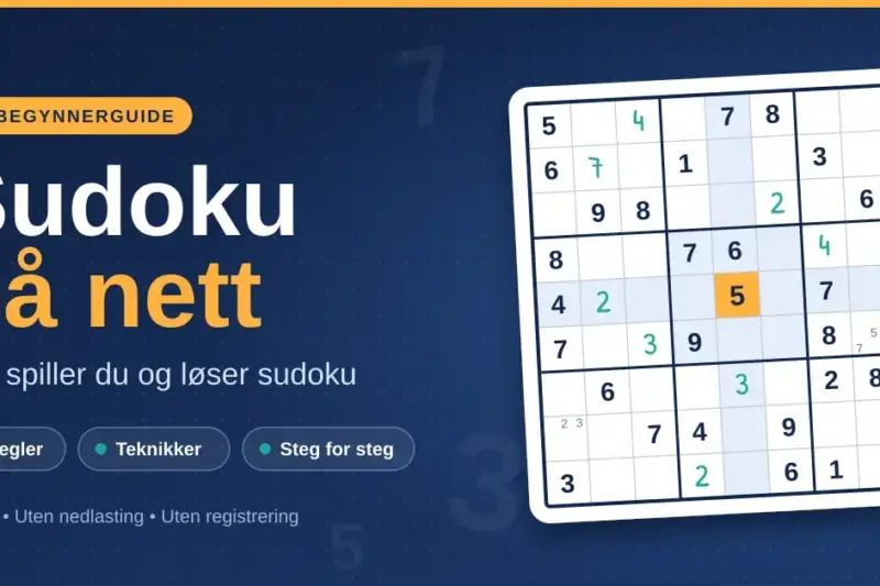 Illustrasjon av et delvis utfylt 9×9 sudokubrett med en markert rute og en blyant, ved siden av teksten «Sudoku på nett – Slik spiller du og løser sudoku» på mørkeblå bakgrunn.