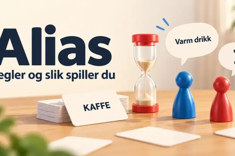Illustrasjon av Alias med ordkortet «KAFFE», et timeglass, to spillebrikker og snakkeboblen «Varm drikk» under teksten «Regler og slik spiller du».