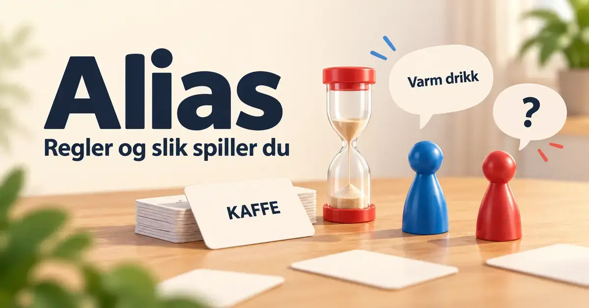 Illustrasjon av Alias med ordkortet «KAFFE», et timeglass, to spillebrikker og snakkeboblen «Varm drikk» under teksten «Regler og slik spiller du».