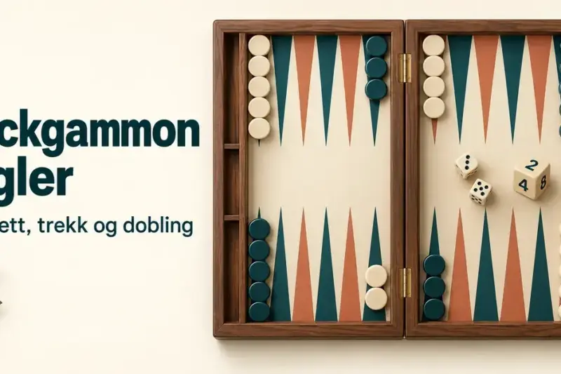 Backgammonbrett med lyse og mørke brikker, to terninger og en doblingsterning ved siden av teksten «Backgammon regler – Oppsett, trekk og dobling».