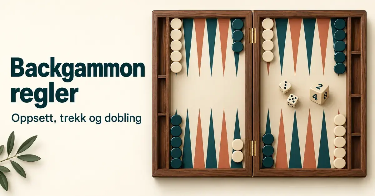 Backgammonbrett med lyse og mørke brikker, to terninger og en doblingsterning ved siden av teksten «Backgammon regler – Oppsett, trekk og dobling».