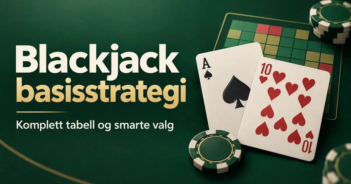Illustrasjon av spar ess, hjerter ti og spillebrikker foran en stilisert strategitabell, med teksten «Blackjack basisstrategi – Komplett tabell og smarte valg».