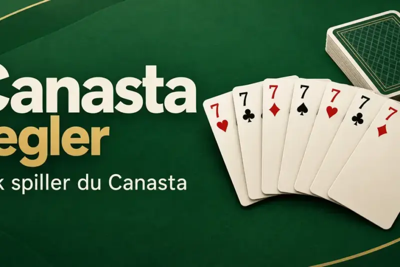 Sju sjuerkort og en kortstokk på grønn bakgrunn med teksten «Canasta regler – Slik spiller du Canasta».