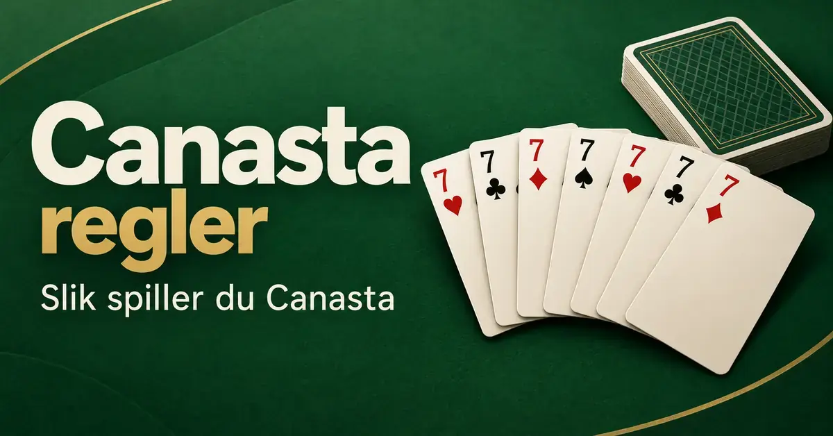 Sju sjuerkort og en kortstokk på grønn bakgrunn med teksten «Canasta regler – Slik spiller du Canasta».