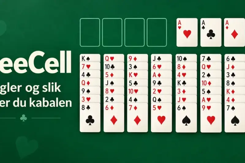 Illustrasjon av FreeCell-kabal på grønn bakgrunn med åtte kortkolonner, fire frie celler, fire ess og teksten «FreeCell – Regler og slik legger du kabalen».