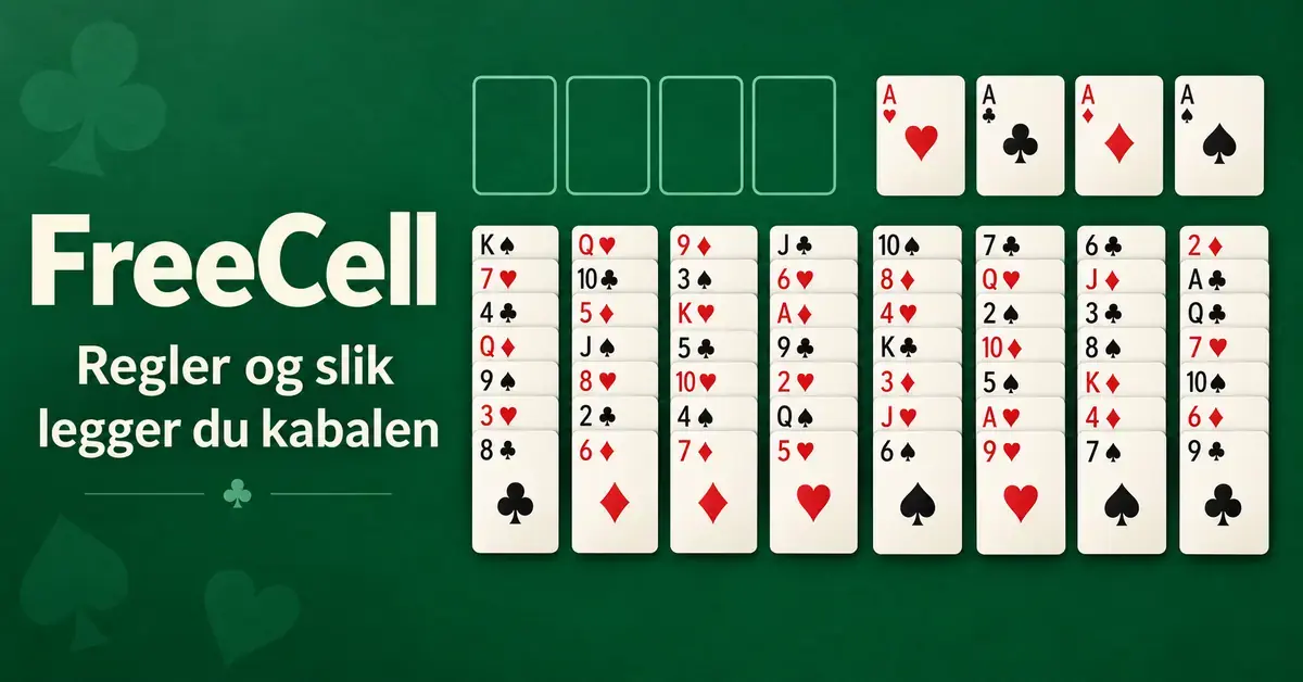 Illustrasjon av FreeCell-kabal på grønn bakgrunn med åtte kortkolonner, fire frie celler, fire ess og teksten «FreeCell – Regler og slik legger du kabalen».