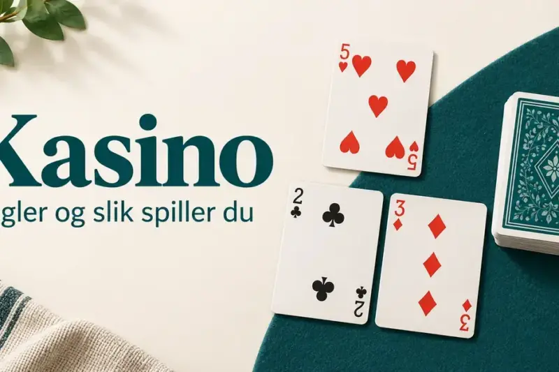 Kløver to, ruter tre og hjerter fem ligger ved siden av en kortstokk og teksten «Kasino – Regler og slik spiller du».