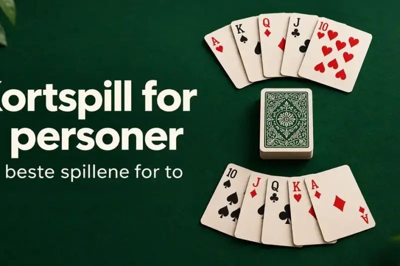 To vifter med spillkort og en kortstokk på et grønt bord ved siden av teksten «Kortspill for 2 personer – De beste spillene for to».