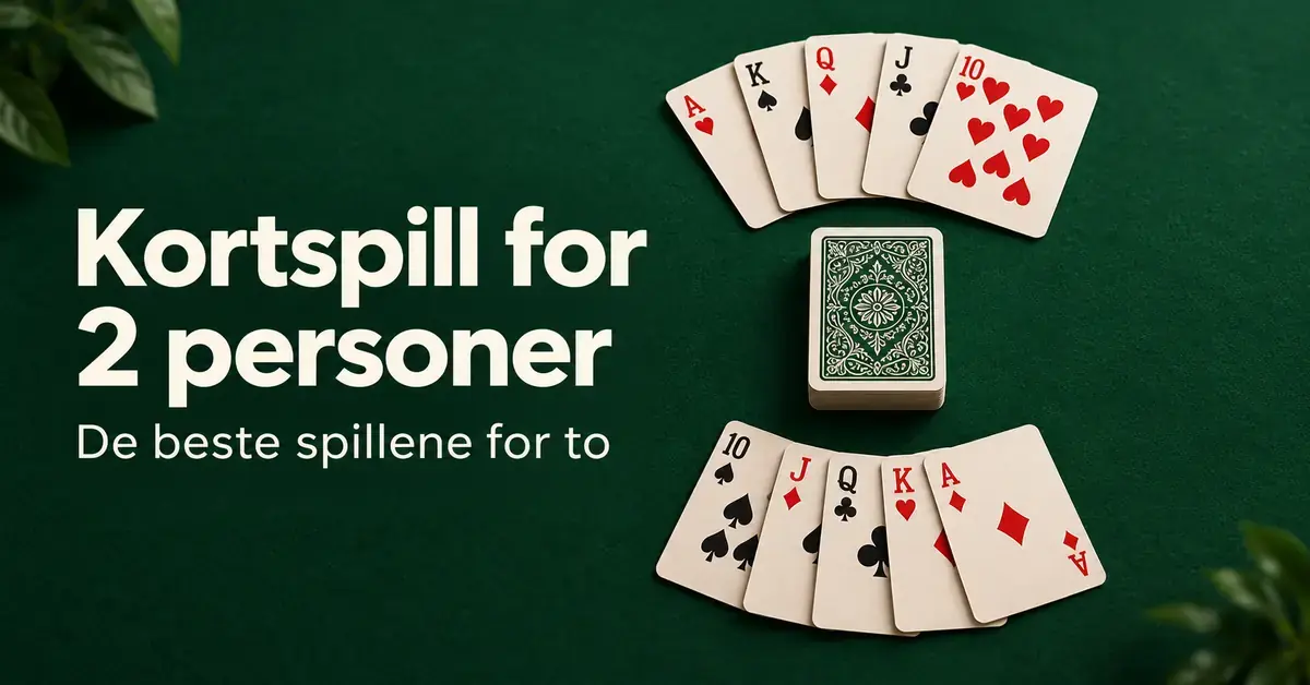To vifter med spillkort og en kortstokk på et grønt bord ved siden av teksten «Kortspill for 2 personer – De beste spillene for to».