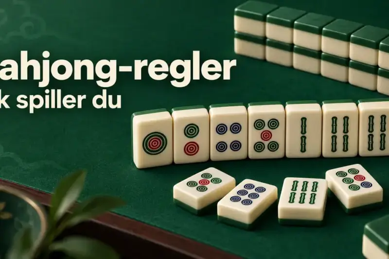 Elfenbensfargede mahjongbrikker med sirkel- og bambusmønstre på et grønt spillebord, med teksten «Mahjong-regler – Slik spiller du».