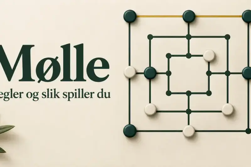 Møllebrett med lyse og mørke brikker, tre mørke brikker på rad og teksten «Mølle – Regler og slik spiller du».