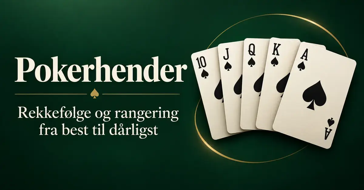 Fem kort med royal flush i spar på mørkegrønn bakgrunn ved siden av teksten «Pokerhender – Rekkefølge og rangering fra best til dårligst».