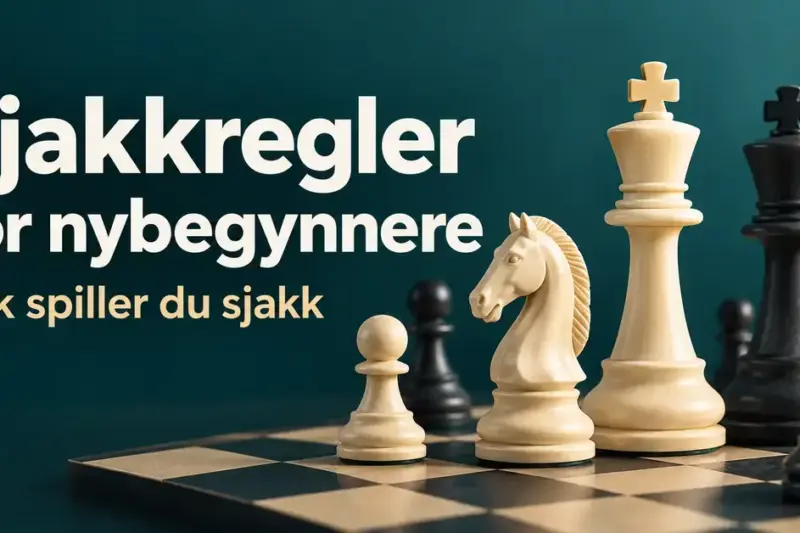 Hvite og svarte sjakkbrikker på et sjakkbrett mot en mørk turkis bakgrunn med teksten «Sjakkregler for nybegynnere – Slik spiller du sjakk».