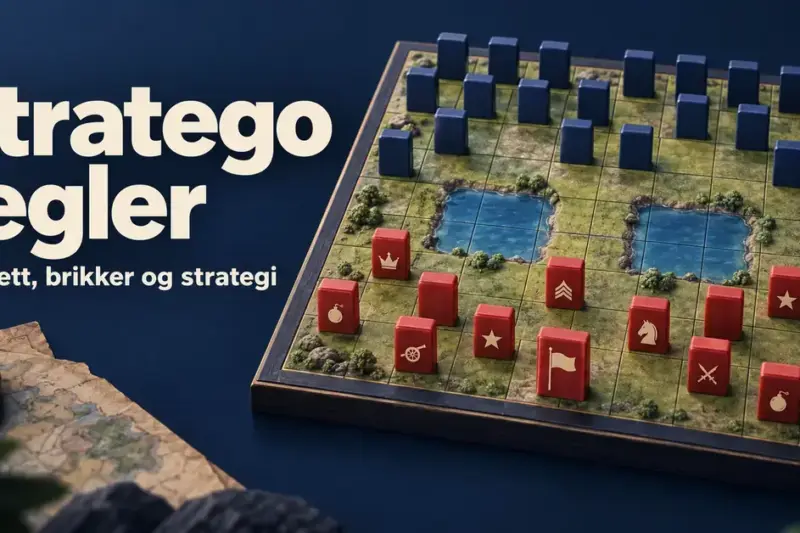 Illustrasjon av et Stratego-brett med røde og blå brikker, to innsjøer og teksten «Stratego regler – Oppsett, brikker og strategi».