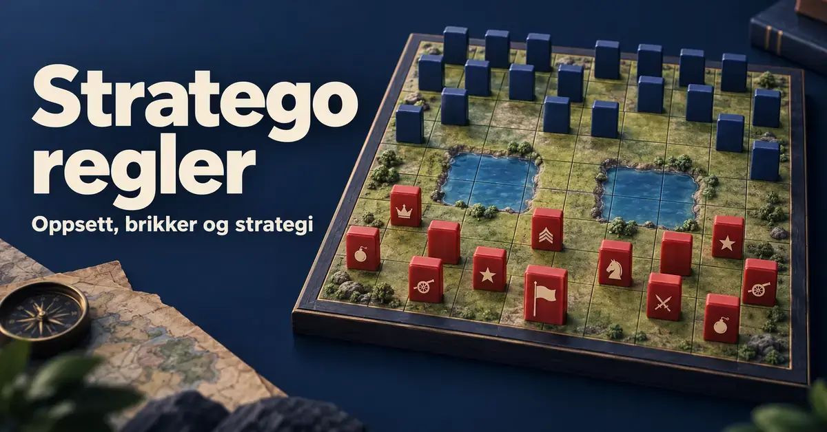 Illustrasjon av et Stratego-brett med røde og blå brikker, to innsjøer og teksten «Stratego regler – Oppsett, brikker og strategi».