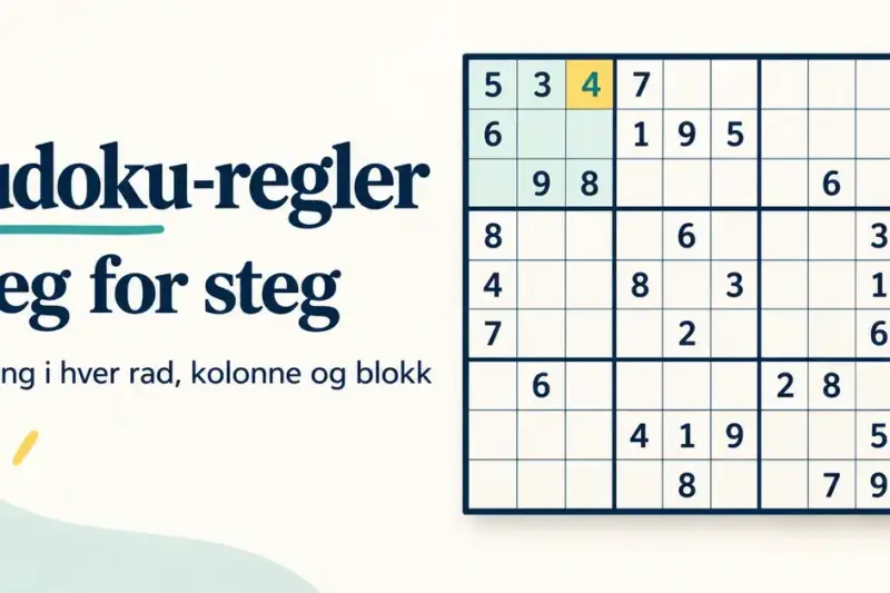 Delvis utfylt sudokubrett med en markert 3 × 3-blokk og teksten «Sudoku-regler – Steg for steg» ved siden av en blyant.