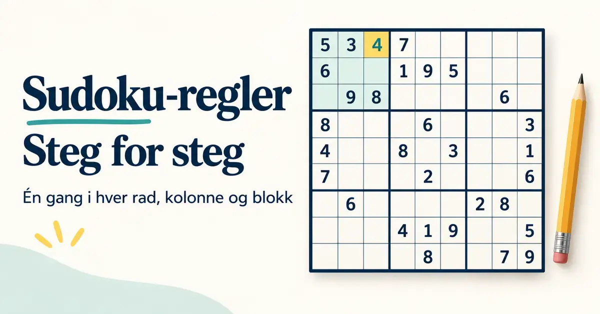 Delvis utfylt sudokubrett med en markert 3 × 3-blokk og teksten «Sudoku-regler – Steg for steg» ved siden av en blyant.