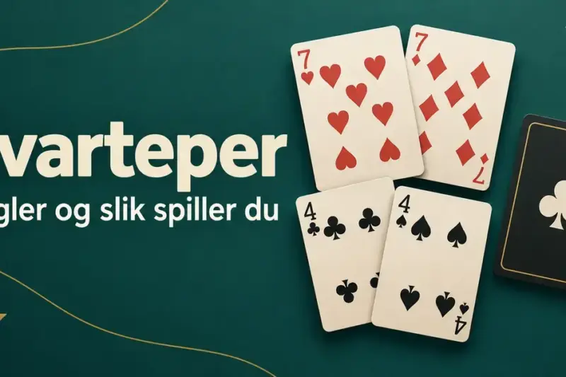 To par med spillkort og et mørkt kort med kløversymbol på grønn bakgrunn, med teksten «Svarteper – Regler og slik spiller du».